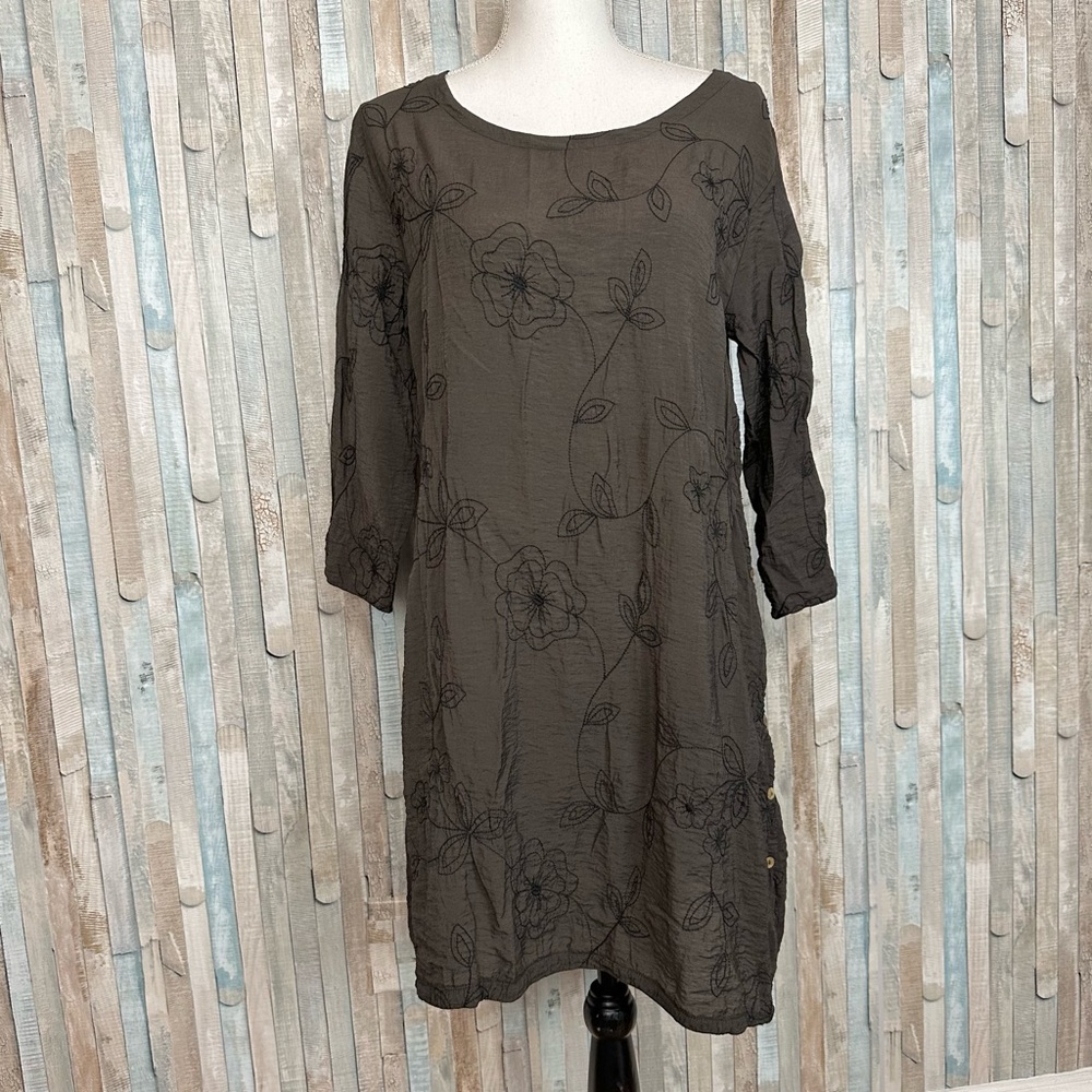 Phoenix S Brown‎ Floral Embroidered Crinkle Tunic Shift Dress Boho Lagenlook